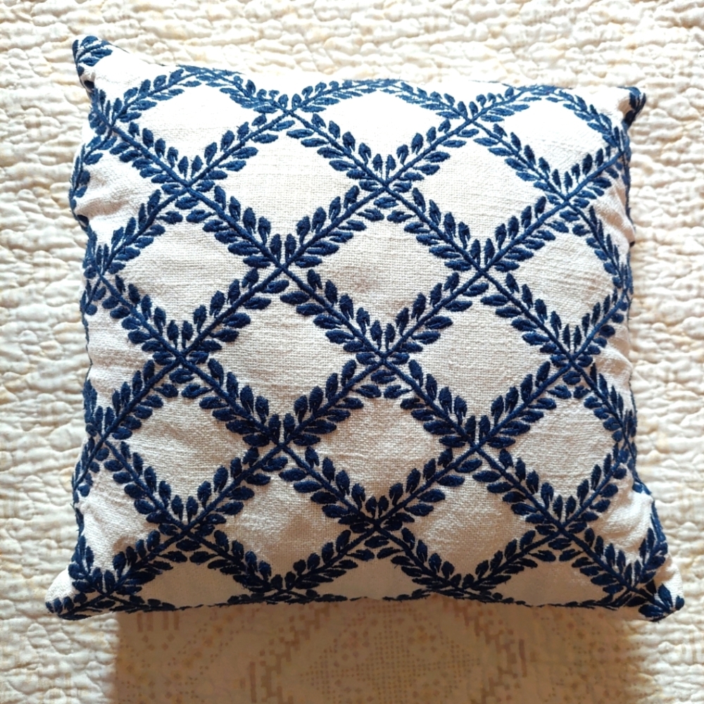 Perch Decor Embroidered Decor Pillow Cream With Blue Floral Leaf Criss Cross
